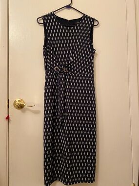 Ivanka Trump Navy & White Sleeveless Midi Dress with Waist Tie